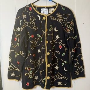 Vintage Beaded Christmas Holiday Button Up Sweater Michael Simon Medium